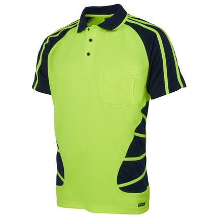 A close-up of a neon yellow and dark blue short-sleeve polo shirt. It has a high collar with two thin stripes and a black, athletic-style striped pattern on the sides and sleeves.