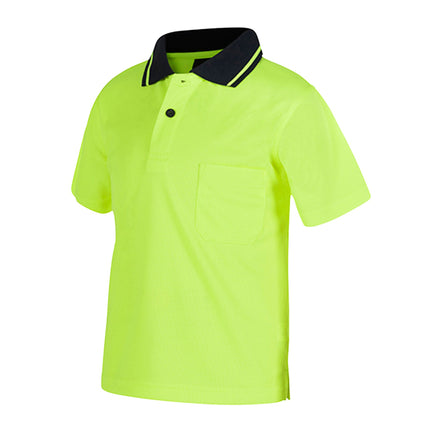 A close-up of a neon yellow short-sleeve polo shirt. It has a dark blue collar with two thin stripes, a three-button placket, and a single chest pocket.