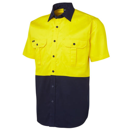 A close-up of a two-tone short-sleeve work shirt. The top is bright yellow, and the bottom and collar are dark blue. It has a full button-down front.