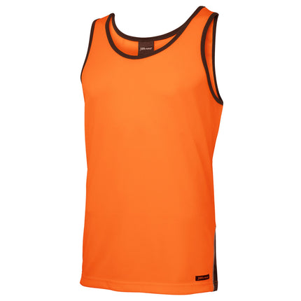 A close-up of a bright orange work tank top with black trim on the neck and armholes. The fabric has a fine honeycomb texture.