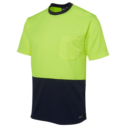 A close-up of a two-tone short-sleeve work t-shirt. The top is neon yellow and the bottom and collar are dark blue. It has a single chest pocket.