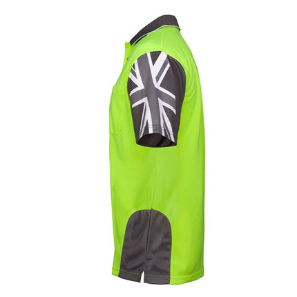 A side view of a neon yellow and dark gray short-sleeve polo shirt. The left sleeve is dark gray with a white Union Jack print.
