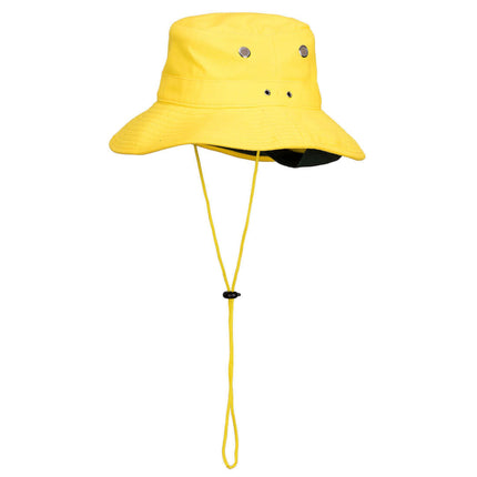 Yellow rain hat with a chin strap on a white background