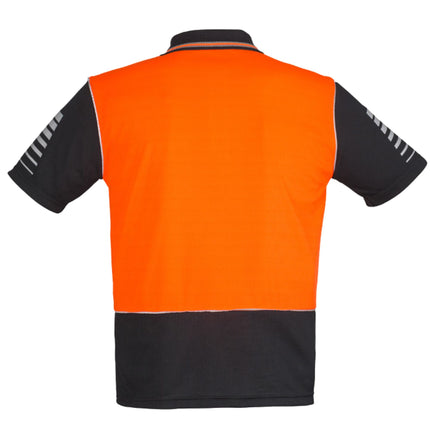 A rear view of an orange and black short-sleeve polo shirt. The back is orange with reflective stripes on the arms.