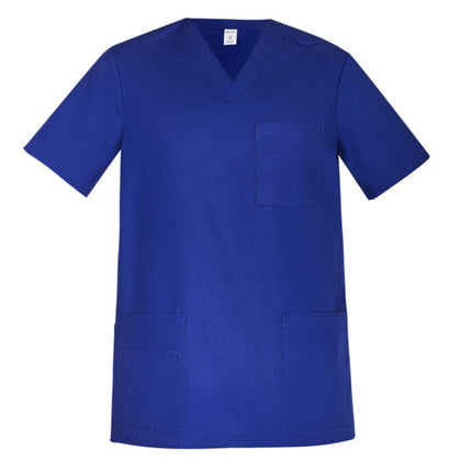 The Biz Care Mens Tokyo Scrub Top is a plain, royal blue V-neck with short sleeves and three front pockets, shown against a white background—perfect for any modern healthcare uniform.