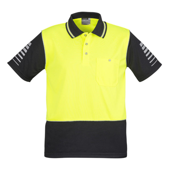High-visibility yellow and black polo shirt with reflective stripes on a white background