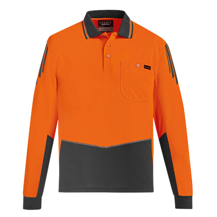 A bright orange and dark gray long-sleeve polo shirt. It features dark gray stripes on the shoulders/sleeves, a pocket, and contrast lower body and collar.
