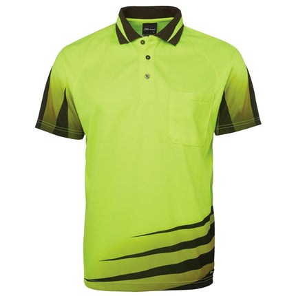 A front view of a neon yellow short-sleeve polo shirt. It has a single chest pocket, a high collar, and a black and neon stripe pattern on the bottom left and on the sleeves.