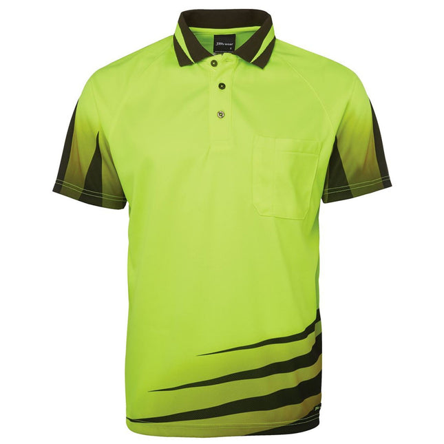 A front view of a neon yellow short-sleeve polo shirt. It has a single chest pocket, a high collar, and a black and neon stripe pattern on the bottom left and on the sleeves.
