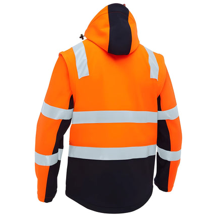 A rear view of an orange and black work jacket. It has a hood, two gray reflective horizontal stripes, and matching stripes on the arms.