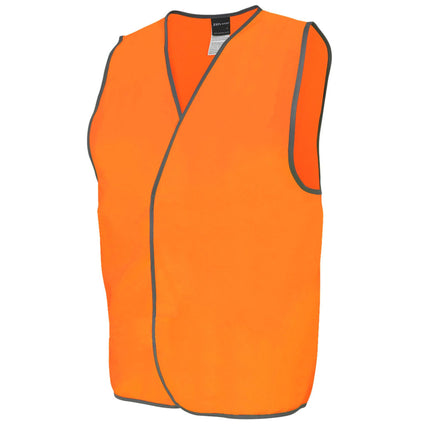 A close-up of a bright orange high-visibility vest with gray trim. The vest has a V-neck and a front closure.