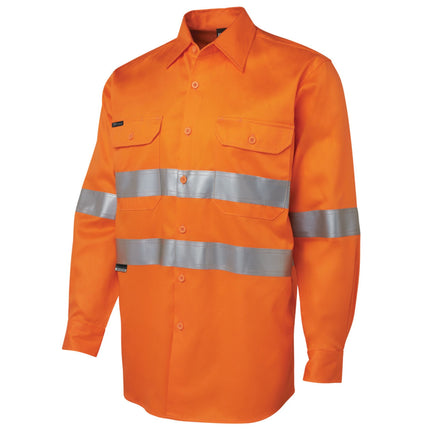 A close-up of an orange long-sleeve work shirt. It has two chest pockets, a button-down front, and two wide, reflective gray stripes across the torso and arms.