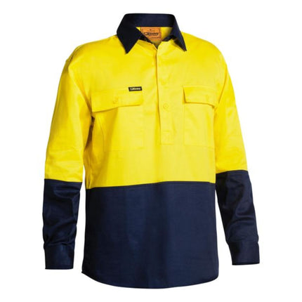 A bright yellow and dark blue long-sleeve work shirt with a black collar. It has a button-down front and two chest pockets with button flaps.