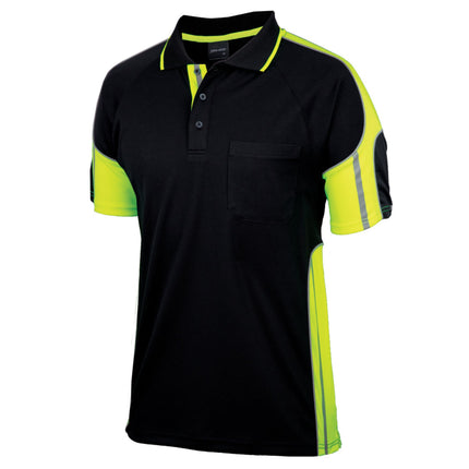 A close-up of a black short-sleeve polo shirt with neon yellow side panels and sleeves. It has a high collar with two thin neon yellow stripes and two reflective gray stripes on the sleeves.