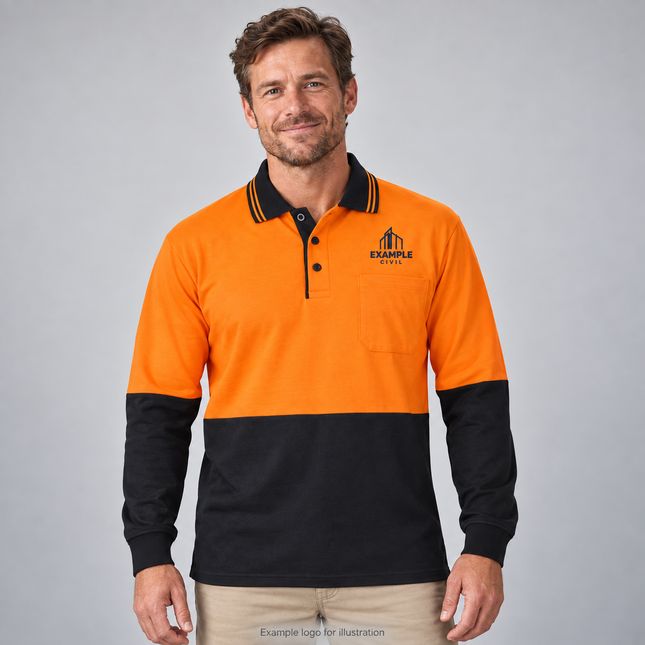 Adult model wearing JB's Wear 6CPHL Orange/Black Hi-Vis long sleeve cotton polo with EXAMPLE CIVIL embroidery on the wearer's left chest above the pocket