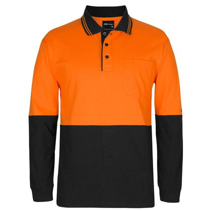 JB's Wear 6CPHL Hi-Vis long sleeve cotton polo in Orange/Black, front view