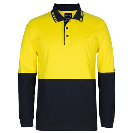 JB's Wear 6CPHL Hi-Vis long sleeve cotton polo in Yellow/Black, front view