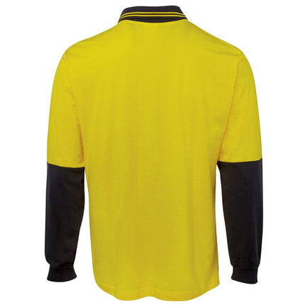 JB's Wear 6CPHL Hi-Vis long sleeve cotton polo in Yellow/Navy, back view