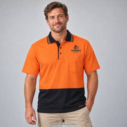 Adult model wearing JB's Wear 6CPHV Orange/Black Hi-Vis short sleeve cotton polo with EXAMPLE CIVIL embroidery on the wearer's left chest above the pocket