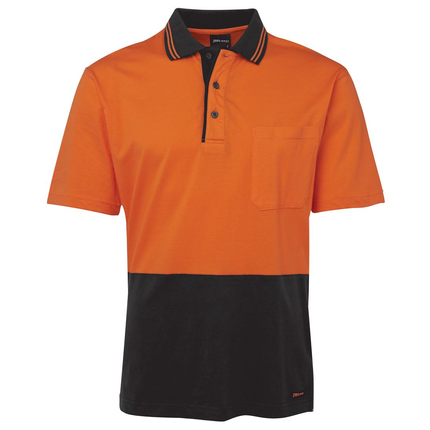 JB's Wear 6CPHV Hi-Vis short sleeve cotton polo in Orange/Black, front view