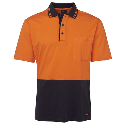 JB's Wear 6CPHV Hi-Vis short sleeve cotton polo in Orange/Navy, front view