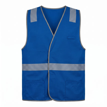 The KODX Coloured Vest with Hi-Vis Reflective Tape in bright blue polyester features two horizontal reflective stripes, shoulder accents, grey trim, two front pockets, and a small chest pocket. Shown on a white background.