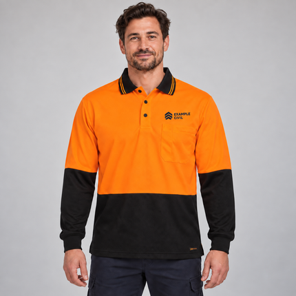 Model wearing JB's Wear 6HVPL Orange/Black hi-vis long sleeve polo with EXAMPLE CIVIL embroidery above the wearer's left chest pocket, on a soft grey studio background
