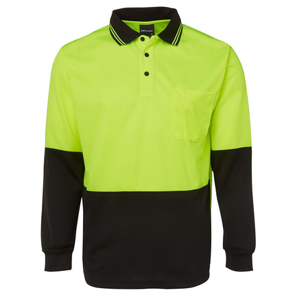 JB's Wear 6HVPL hi-vis long sleeve traditional polo in Lime/Black, front view
