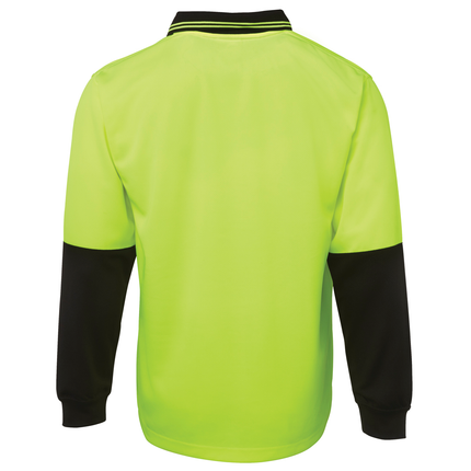 JB's Wear 6HVPL hi-vis long sleeve traditional polo in Lime/Black, back view