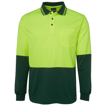 JB's Wear 6HVPL hi-vis long sleeve traditional polo in Lime/Bottle, front view