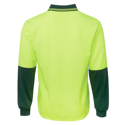 JB's Wear 6HVPL hi-vis long sleeve traditional polo in Lime/Bottle, back view