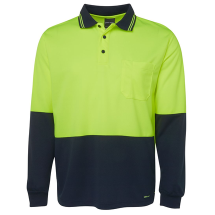 JB's Wear 6HVPL hi-vis long sleeve traditional polo in Lime/Navy, front view