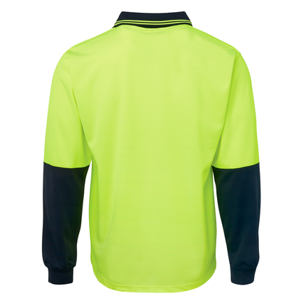 JB's Wear 6HVPL hi-vis long sleeve traditional polo in Lime/Navy, back view