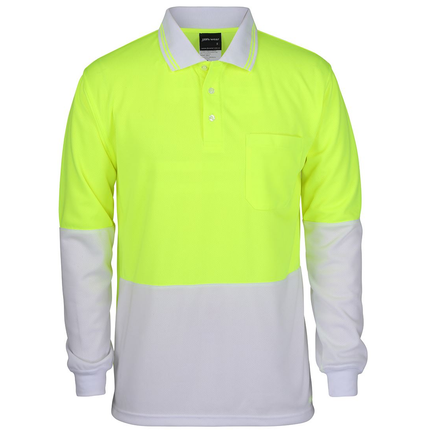 JB's Wear 6HVPL hi-vis long sleeve traditional polo in Lime/White, front view