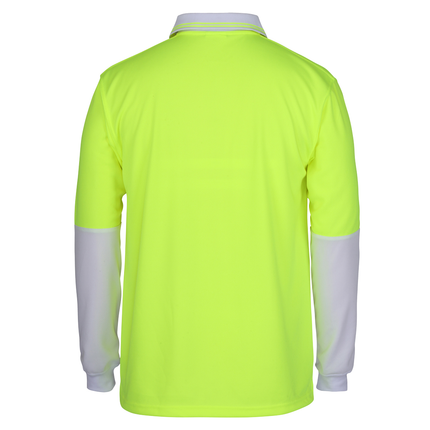 JB's Wear 6HVPL hi-vis long sleeve traditional polo in Lime/White, back view