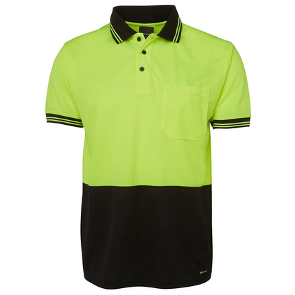JB's Wear 6HVPS hi-vis short sleeve traditional polo in Lime/Black, front view