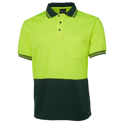 JB's Wear 6HVPS hi-vis short sleeve traditional polo in Lime/Bottle, front view