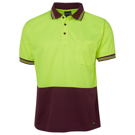 JB's Wear 6HVPS hi-vis short sleeve traditional polo in Lime/Maroon, front view
