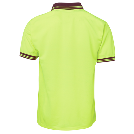 JB's Wear 6HVPS hi-vis short sleeve traditional polo in Lime/Maroon, back view