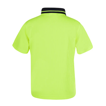 A rear view of a neon yellow short-sleeve polo shirt. The collar is dark blue with two thin stripes.