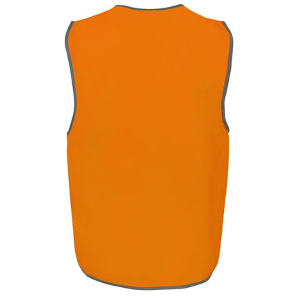 A rear view of a bright orange high-visibility vest with gray trim on the neck, armholes, and bottom hem.