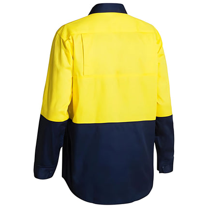 A rear view of a two-tone long-sleeve work shirt. The back is bright yellow and the bottom and sleeves are dark blue.