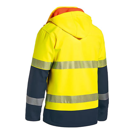 A rear view of a two-tone work jacket. The jacket is bright yellow and dark blue with a hood and two wide, reflective stripes across the back.