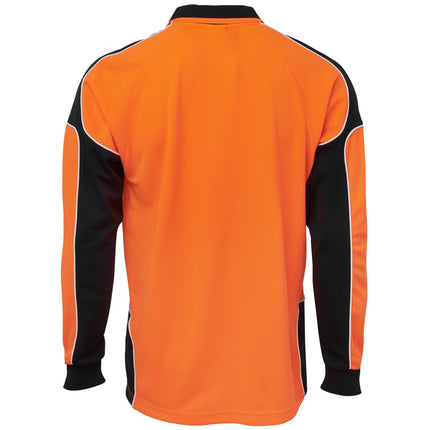 A rear view of an orange and black long-sleeve polo shirt. The back is orange, with black side panels and sleeves outlined with white piping.