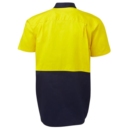 A rear view of a bright yellow and dark blue short-sleeve work shirt. The back is bright yellow, and the bottom is dark blue.