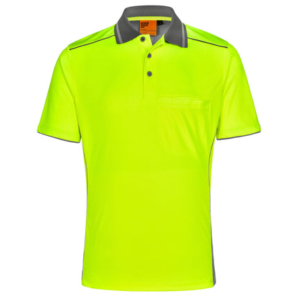 A neon yellow short-sleeve polo shirt with a gray collar and piping, featuring a chest pocket and a horizontal reflective strip on the collar.