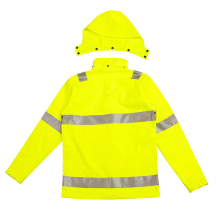 A rear view of a neon yellow work jacket with the hood detached and laid flat above it. The jacket has two wide, gray reflective stripes across the back and arms.