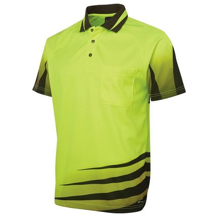 A close-up of a neon yellow short-sleeve polo shirt. It has a high collar with black stripes, a three-button front, and a black and neon stripe pattern on the bottom left and on the sleeves.