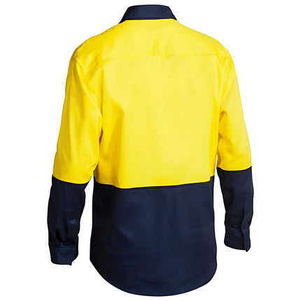 A rear view of a two-tone long-sleeve work shirt. The top half is bright yellow, and the bottom half is dark blue.