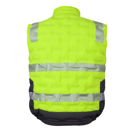 A rear view of a neon yellow and black padded work vest. It has two wide, gray reflective stripes across the back and two matching stripes on the shoulders.